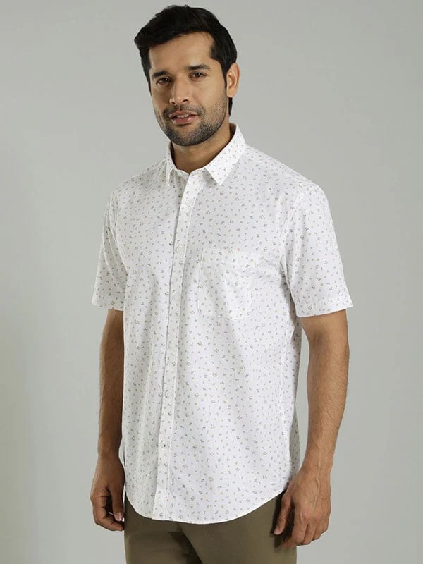 Indian Terrain Men's Regular Fit Half Sleeve All Over Print White Shirt